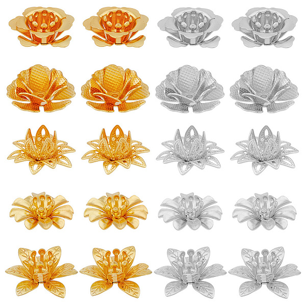PandaHall SUPERFINDINGS 60Pcs 10 Styles Flower Bead CAPss Golden Silver Brass Lotus Flower End CAPss Multi Petal Round Filigree Spacer Beads...