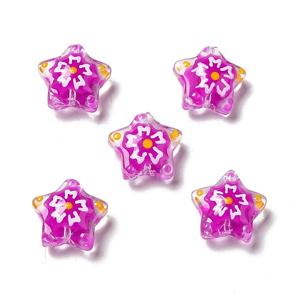 

PandaHall Handmade Lampwork Beads, Star with Flower Pattern, Magenta, 12~12.5x12.5~13x6~6.5mm, Hole: 0.9~1mm Lampwork Star Pink
