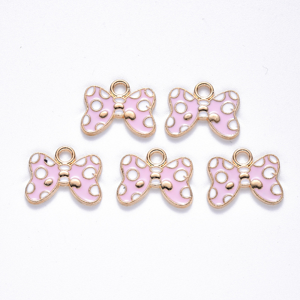 

PandaHall Alloy Enamel Pendants, Bowknot, Light Gold, Pearl Pink, 14.5x18.5x1.5mm, Hole: 3mm Alloy+Enamel Bowknot Pink