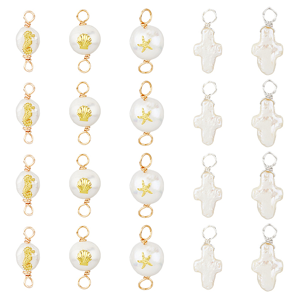 

PandaHall DICOSMETIC DIY Jewelry Making Finding Kit, Including 20Pcs 5 Styles Cross & Oval Natural Pearl Link Connector & Charms, with Sea...