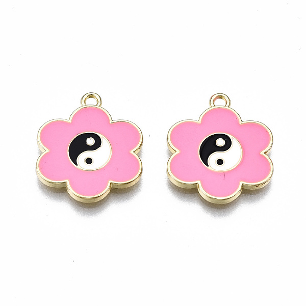 

PandaHall Rack Plating Alloy Enamel Pendants, Cadmium Free & Lead Free, Flower with Yin Yang, Light Gold, Pearl Pink, 19x16.5x2mm, Hole...