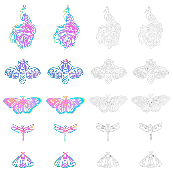 

PandaHall Unicraftale 40Pcs 10 Style Ion Plating(IP) 201 Stainless Steel Filigree Big Pendants, Etched Metal Embellishments, Dragonfly &...