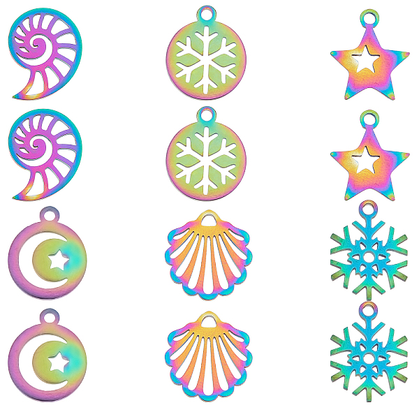 

PandaHall Unicraftale 12Pcs 6 Style 201 Stainless Steel Pendants, Mixed Shapes, Rainbow Color, 2pcs/style 201 Stainless Steel Mixed Shapes