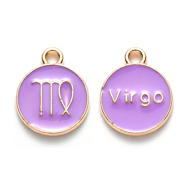 

PandaHall Alloy Enamel Pendants, Cadmium Free & Lead Free, Flat Round with Constellation, Light Gold, Medium Purple, Virgo, 22x18x2mm, Hole...