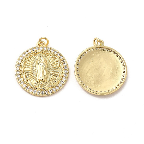 

PandaHall Brass Micro Pave Cubic Zirconia Pendants, with Jump Ring, Flat Round with Religion Virgin Mary Charm, Golden, 28x25x4mm, Hole..., Clear