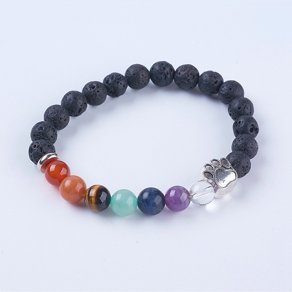 

PandaHall Chakra Jewelry, Natural Gemstone and Lava Rock Stretch Bracelets, with Alloy Findings, Dog Footprints, Antique Silver, 2 inch...