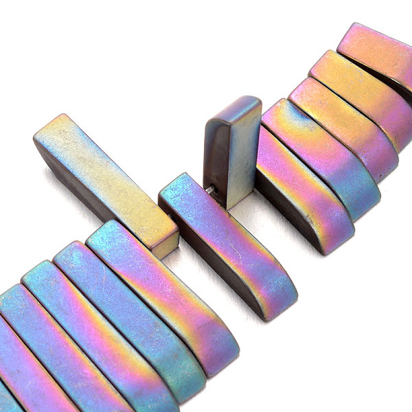 

PandaHall Frosted Electroplated Non-magnetic Synthetic Hematite Bead Strands, AB Color Plated, 14~30x4x4mm, Hole: 1mm, about 52pcs/strand...