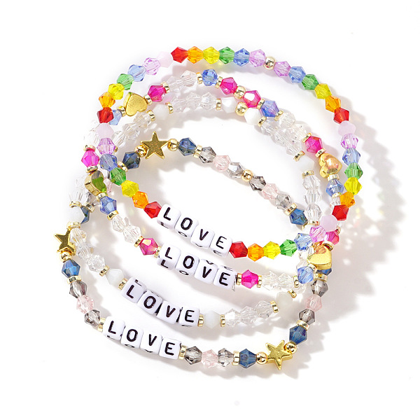 

PandaHall Fashionable LOVE Bicone Glass Bead Stretch Bracelet Set for Girls Glass