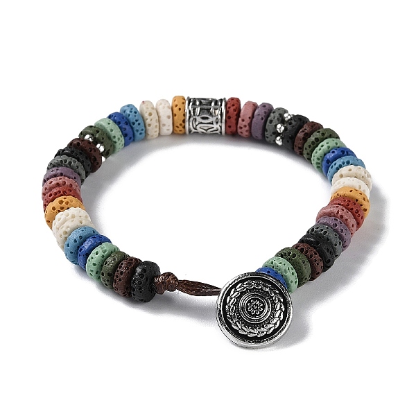 

PandaHall Dyed Natural Lava Rock Disc Beaded Bracelet, with Brass Flower Clasp, Colorful, 7-7/8 inch(20cm) Lava Rock Disc