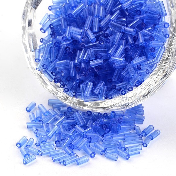 

PandaHall Transparent Colours Round Hole Glass Bugle Beads, Royal Blue, 3~5x1.8~2mm, Hole: 0.8mm, about 12000pcs/450g Glass Blue