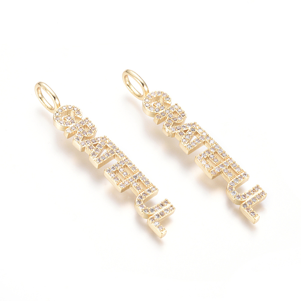 

PandaHall Brass Micro Pave Clear Cubic Zirconia Pendants, Word Grateful, Golden, 43x6.5x2mm, Hole: 3.5x5.5mm Brass+Cubic Zirconia Word Clear