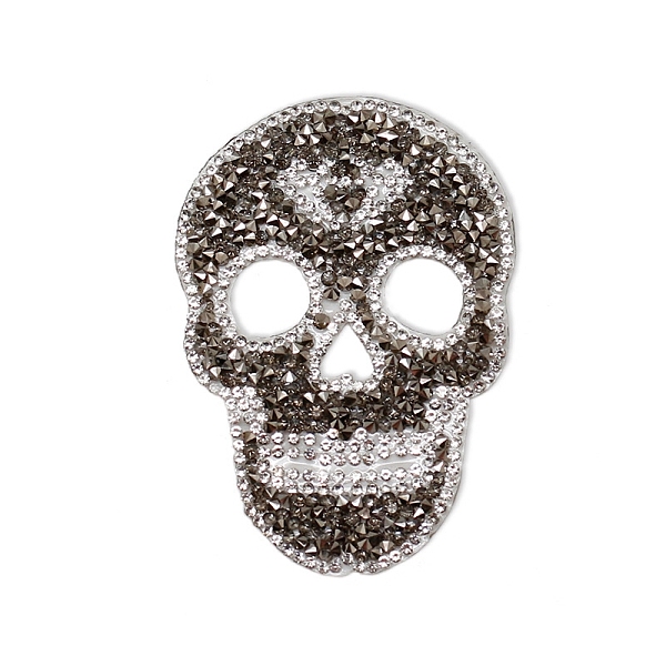 PandaHall Halloween Skull Shape Hotfix Rhinestone, Rhinestone Appliques, for Costume, Hat, Bag, Greige, 89x63mm Glass Rhinestone Skull Gray