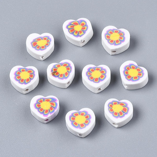 

PandaHall Handmade Polymer Clay Beads, Heart with Flower Pattern, White, 9x9~10x4~5mm, Hole: 1.5mm Polymer Clay Heart White