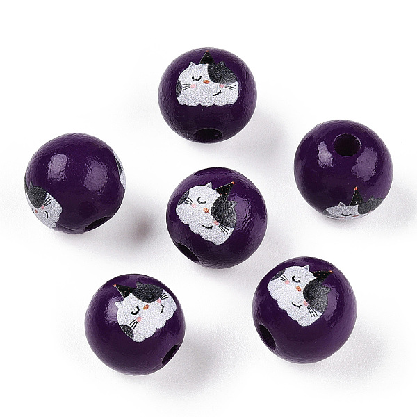 

PandaHall Halloween Theme Wood European Beads, Printed Large Hole Beads, Round, Indigo, Cat Shape, 15.5~16.5mm, Hole: 3.5~4.5mm Wood Cat..., Purple