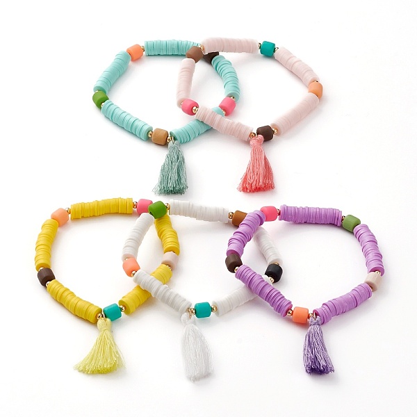 

PandaHall Polymer Clay Heishi Beads Stretch Charm Bracelets, with Brass Round Beads and Cotton Thread Tassels, Mixed Color, Inner Diameter..., Multicolor