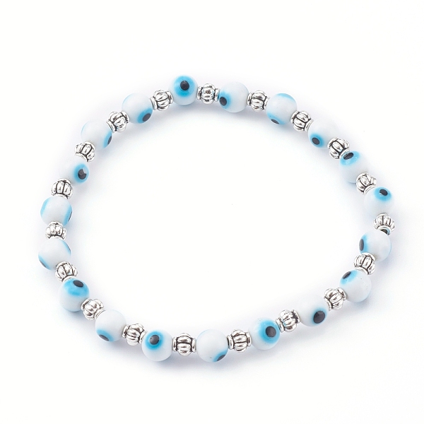

PandaHall Handmade Round Evil Eye Lampwork Beaded Stretch Bracelets, with Alloy Spacer Beads, Antique Silver, White, Inner Diameter: 2 inch...