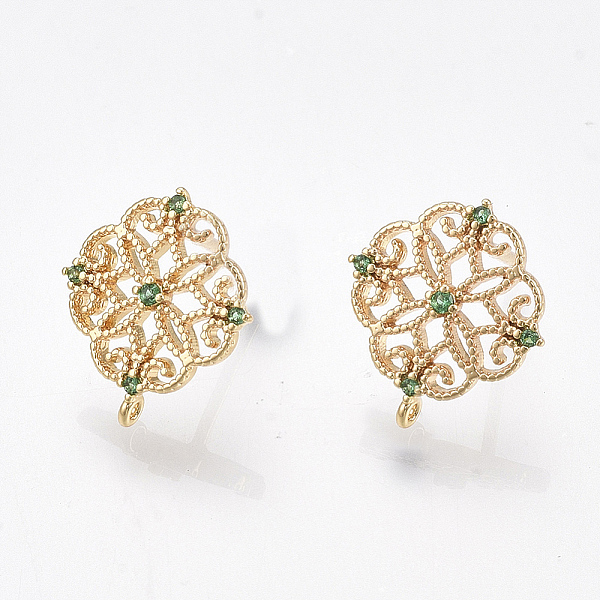 

PandaHall Brass Stud Earring Findings, Cubic Zirconia and Loop, Nickel Free, Real 18K Gold Plated, Flower, Green, 13x12mm, Hole: 0.8mm, Pin...