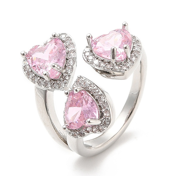 

PandaHall Pink Cubic Zirconia Triple Heart Open Cuff Ring, Rack Plating Brass Wide Ring for Women, Cadmium Free & Lead Free, Platinum, US...