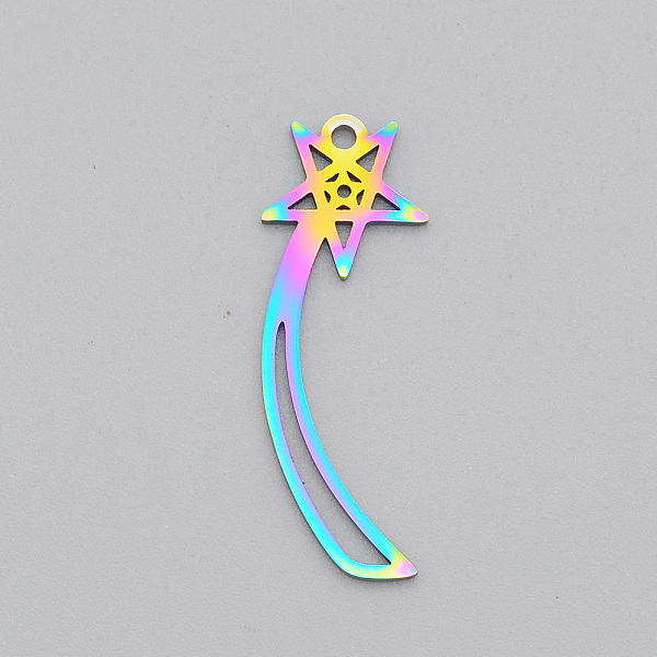 

PandaHall Ion Plating(IP) 201 Stainless Steel Pendants, Laser Cut, Meteor, Rainbow Color, 29.5x10.5x1mm, Hole: 1.5mm 201 Stainless Steel...