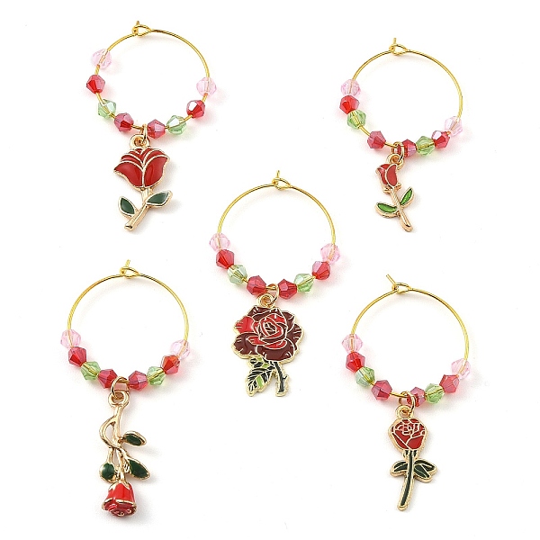 

PandaHall Valentine's Day Theme Rose Alloy Enamel Wine Glass Charms, with Glass Beads and Brass Hoop Earrings Findings, Red, 50~58x27x4.2mm...