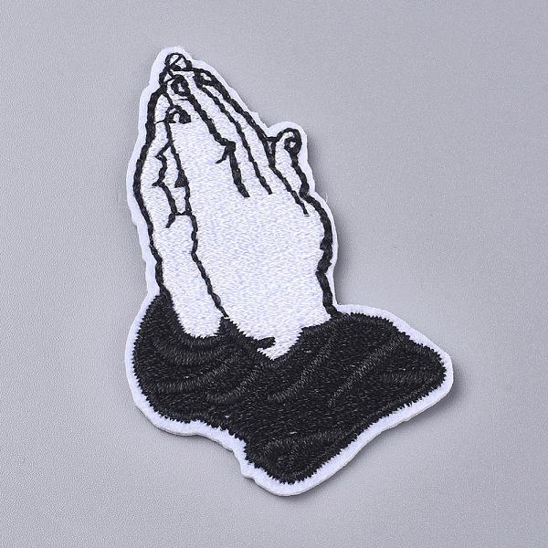 PandaHall Computerized Embroidery Cloth Iron on/Sew on Patches, Costume Accessories, Praying Hands, White, 60x38x1.7mm Cloth Palm White