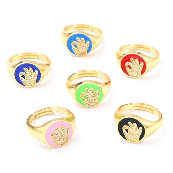 

PandaHall Adjustable Real 18K Gold Plated Brass Enamel Finger Ringss, with Clear Cubic Zirconia, Flat Round with Gesture Language, OK..., Multicolor