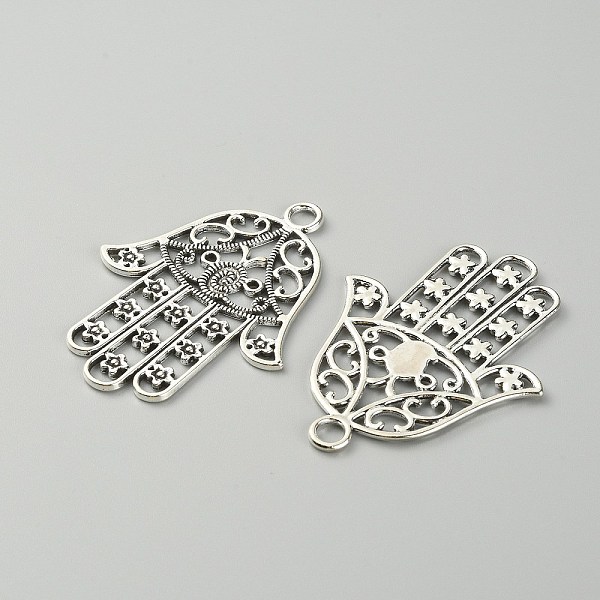 

PandaHall Tibetan Style Big Pendants, Hollow, Hamsa Hand/Hand of Miriam, Antique Silver, 53x39.5x1.5mm, Hole: 4mm Alloy Palm