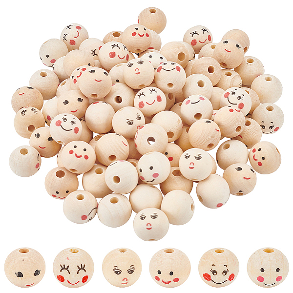 

PandaHall 90Pcs 6 Styles Printed Wood European Beads, Large Hole Round Bead with Smiling Face Pattern, Undyed, BurlyWood, 20x17.5~18mm..., Orange