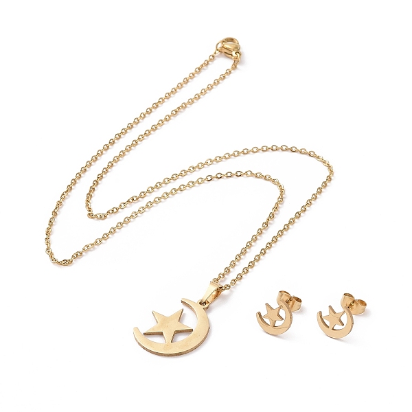 

PandaHall 304 Stainless Steel Moon & Star Stud Earrings and Pendant Necklace, Jewelry Set for Women, Golden, 17.32inch(44cm), 10x8.5x1, Pin...