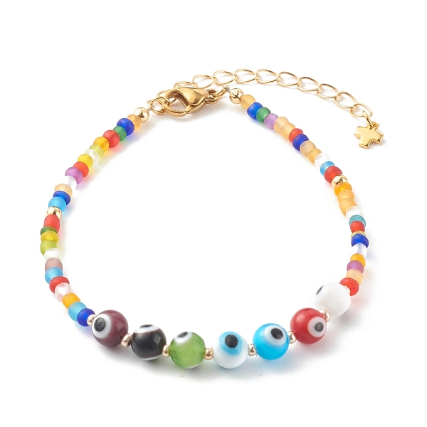 

PandaHall Beaded Bracelets, with Round Evil Eye Lampwork Beads & Frosted Glass Seed Beads, Golden, Colorful, 7-1/2 inch(19cm) Glass Evil Eye