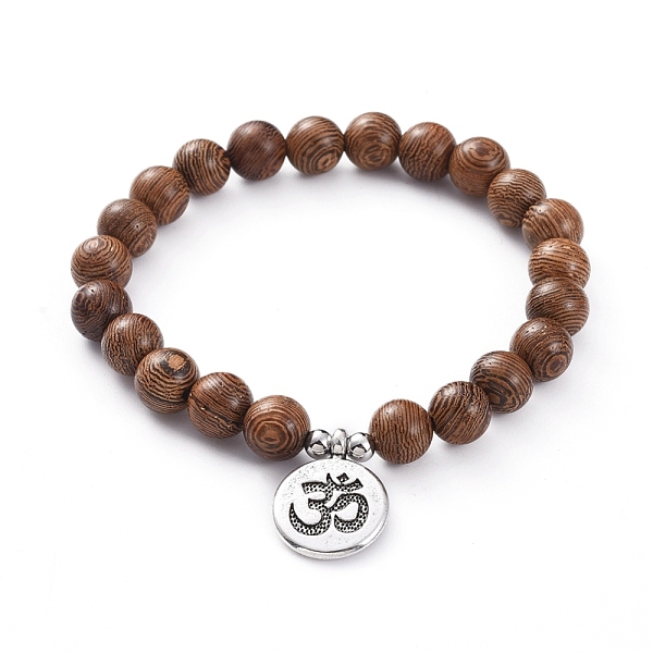 

PandaHall Unisex Wood Beads Stretch Charm Bracelets, with 304 Stainless Steel Beads and Tibetan Style Alloy Pendants, Flat Round with Om...