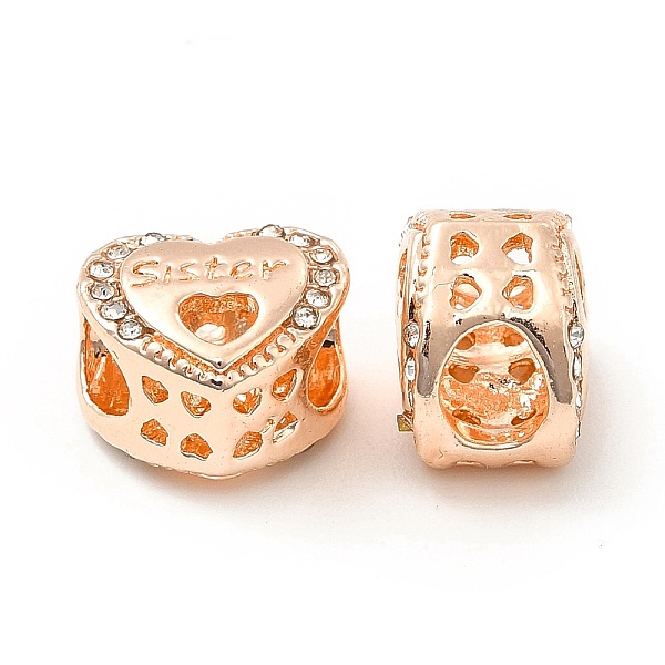 

PandaHall Rack Plating Alloy Rhinestone European Beads, Large Hole Beads, Heart with Word Sister, Rose Gold, 10.5x12x8.5mm, Hole: 4.5x5mm..., Clear