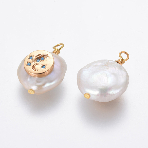 

PandaHall Natural Cultured Freshwater Pearl Pendants, with Brass Micro Pave Cubic Zirconia Findings, Nuggets with Flat Round, Golden, Deep..., Blue