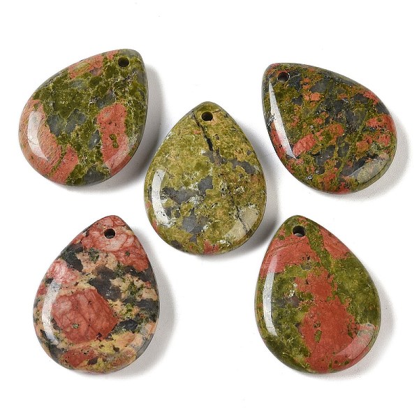 

PandaHall Natural Unakite Pendants, Teardrop Charms, 33~33.5x24.5~25x7.5~8mm, Hole: 2~2.3mm Unakite Teardrop
