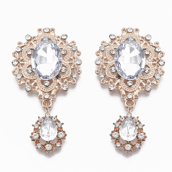 

PandaHall Alloy Cabochons, with Acrylic Rhinestone and Crystal Rhinestone, Faceted, Flower and teardrop, Light Gold, 56x29x6mm..., Clear