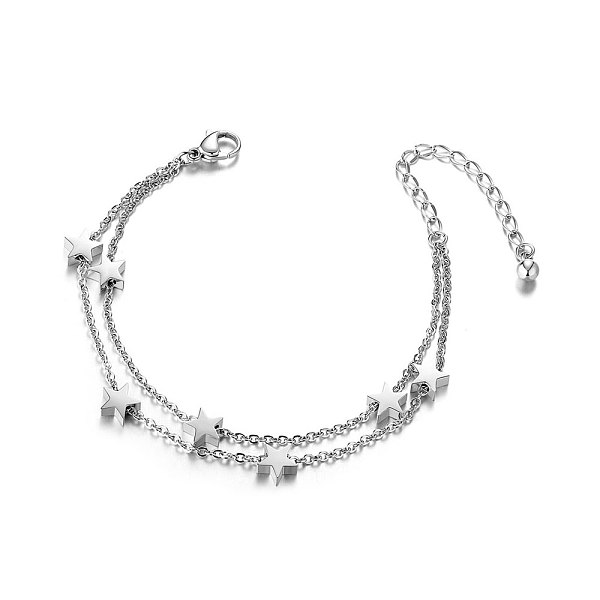 

PandaHall SHEGRACE Trendy Titanium Steel Anklet, Double Layered Anklet, with Stars, Stainless Steel Color, 200mm Titanium Steel