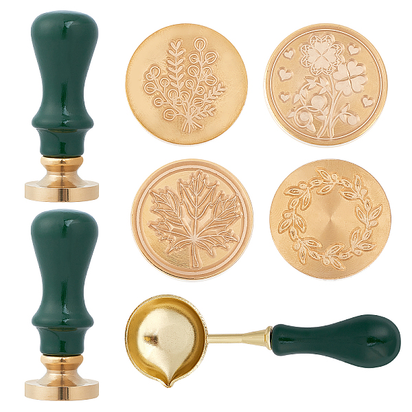 PandaHall CRASPIRE Wax Seal Stamp Plants Wax Seal Stamp Heads with 2 Pieces Green Wood Handles and Spoon for Invitations Envelopes Gift...