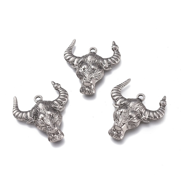 PandaHall 304 Stainless Steel Pendants, OX Head, Antique Silver, 28x24.5x4mm, Hole: 1.6mm 304 Stainless Steel Cattle