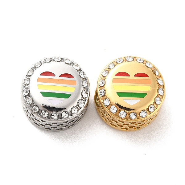 

PandaHall 304 Stainless Steel European Beads, with Enamel & Rhinestone, Large Hole Beads, Flat Round with Heart, Golden & Stainless Steel..., Clear