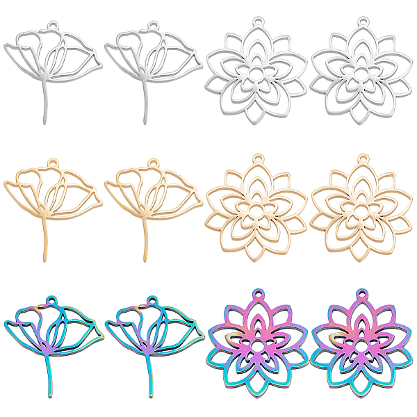 

PandaHall DICOSMETIC 12Pcs 2 Styles Lotus Charms 3 Colors Stainless Steel Pendants Golden and Rainbow Lotus Flower Charms Laser Hollow Plant...