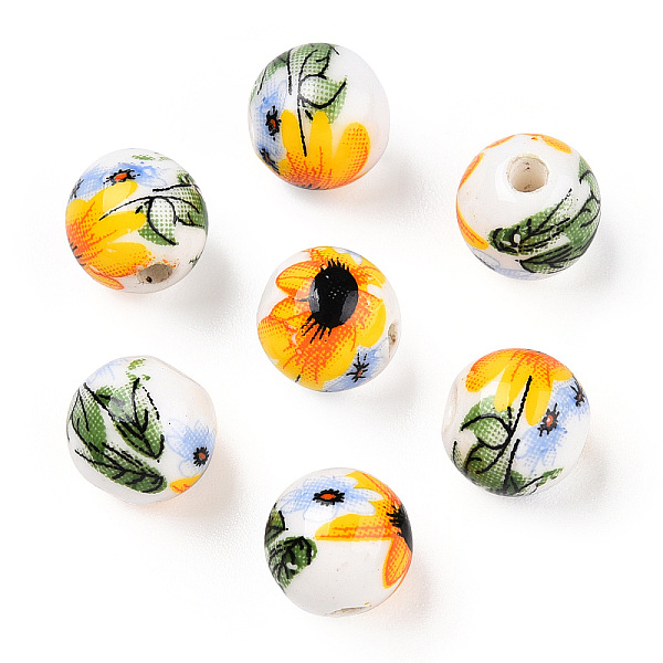 

PandaHall Handmade Porcelain Beads, Round with Sunflower Pattern, White, 8mm, Hole: 1.8mm Porcelain Round White