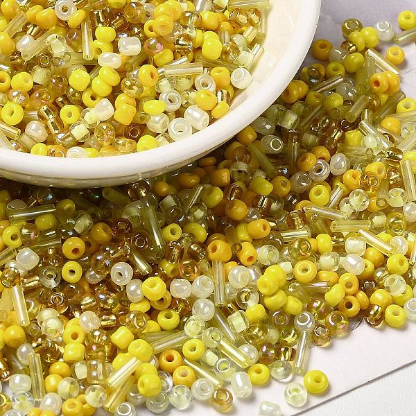 

PandaHall Opaque & Transparent Inside Colours Glass Seed Beads, Round Hole, Round & Tube, Yellow, 1.5~9x2~3x2~3mm, Hole: 0.8~1mm, about...