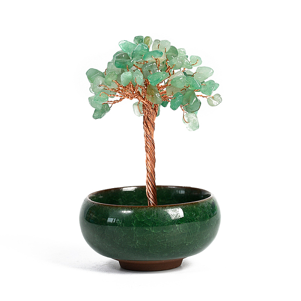 

PandaHall Undyed Natural Green Aventurine Chips Tree of Life Display Decorations, with Random Color Porcelain Bowls, Copper Wire Wrapped...