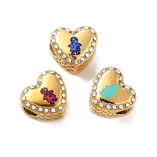 

PandaHall 304 Stainless Steel European Beads, Large Hole Beads, with Rhinestone and Enamel, Heart with Boy, Mixed Color, Golden..., Multicolor
