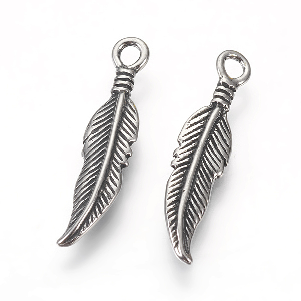 

PandaHall 304 Stainless Steel Pendants, Feather, Antique Silver, 25.5x6x2.5mm, Hole: 2mm 304 Stainless Steel Feather