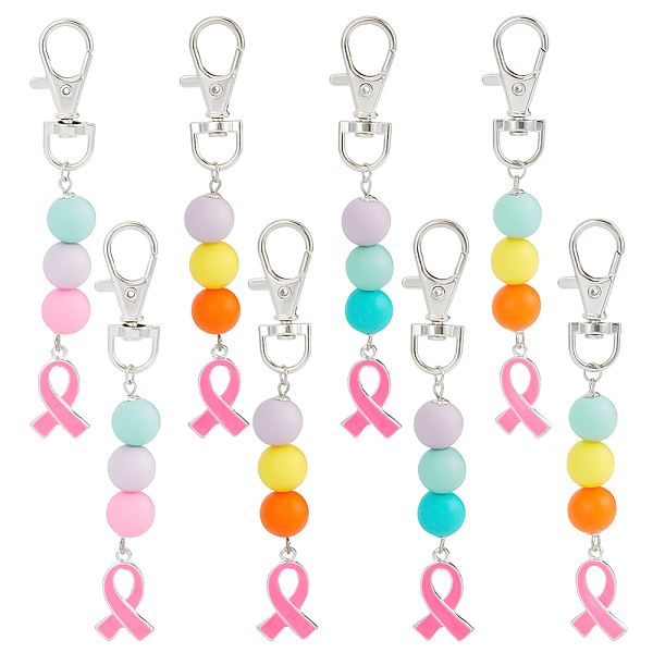 

PandaHall PH 8pcs Pink Ribbon Awareness Keychains Silicone Bead Keychain Lanyards Bag Pendant Ribbon Breast Cancer Awareness Ribbon Key..., Multicolor