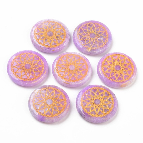 

PandaHall Natural White Jade Beads, No Hole, Flat Round with Chakra, Dyed, Sahasrara, 25~26x5.5mm White Jade Sahasrara
