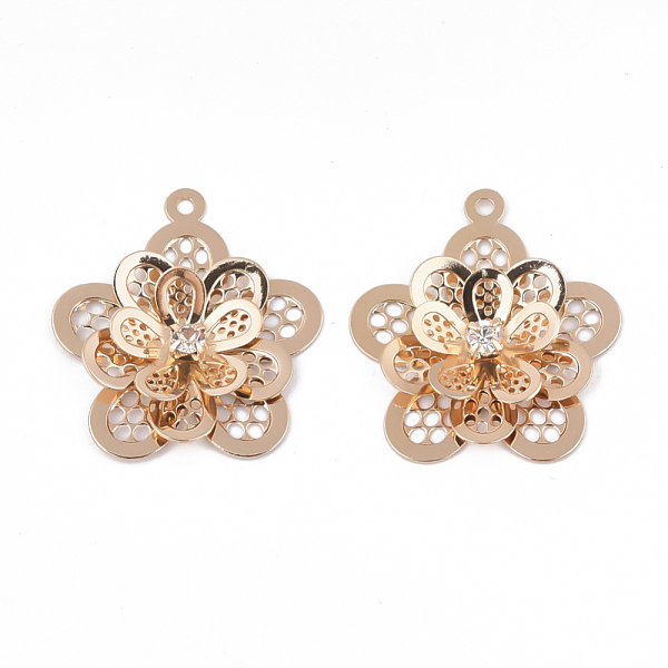 

PandaHall Brass Pendants, with Crystal Rhinestone, Flower, Light Gold, 27x25x4mm, Hole: 1.5mm Brass+Rhinestone Flower