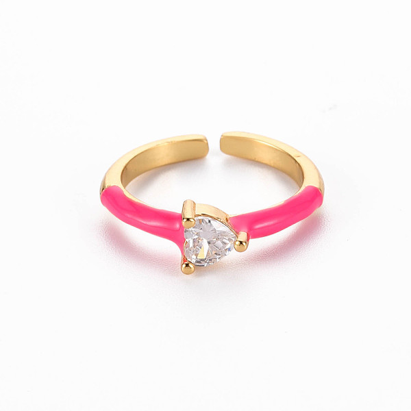 

PandaHall Brass Enamel Cuff Rings, Open Rings, Solitaire Rings, with Clear Cubic Zirconia, Nickel Free, Heart, Golden, Deep Pink, US Size 7...