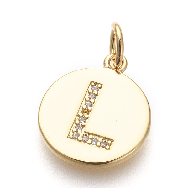 

PandaHall Brass Micro Pave Cubic Zirconia Pendants, Lead Free & Cadmium Free, Flat Round with Letter, Golden, Letter.L, 17.5x15x1.5mm, Hole..., Clear